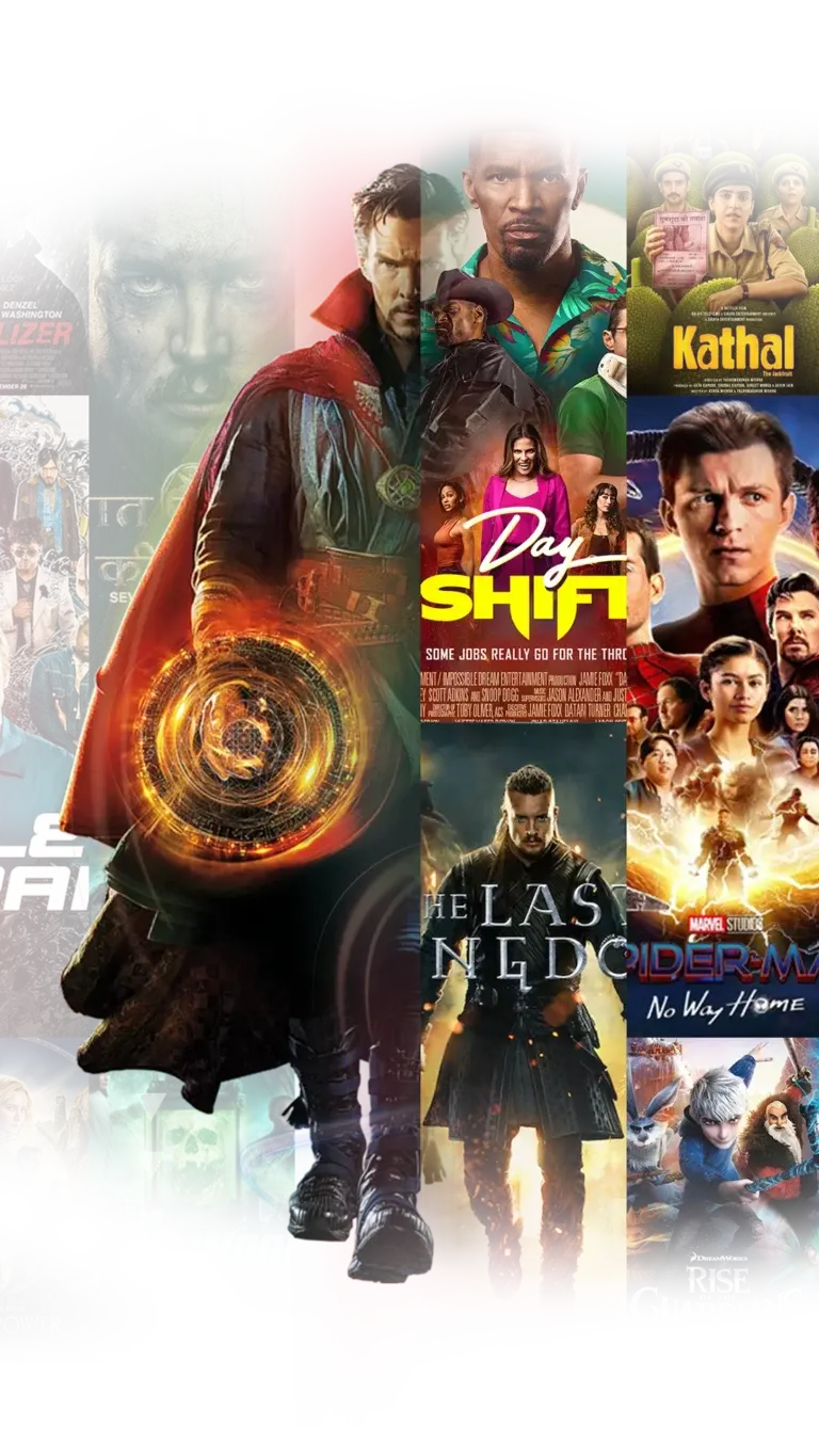 Collage van verschillende filmposters, waaronder actie-, fantasy- en avonturengenres, met onder andere titels als 'The Equalizer', 'Doctor Strange' en 'Rise of the Guardians', die de diverse streamingopties vertegenwoordigen die beschikbaar zijn op Ibo Playlist IPTV.