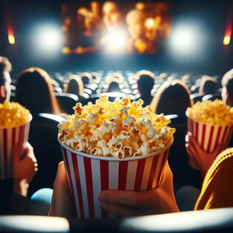 Publiek geniet van een filmische ervaring, met klassieke rood-wit gestreepte popcornemmers in de hand, met een filmscherm dat oplicht op de achtergrond, wat het meeslepende entertainment van Ibo Player IPTV illustreert.